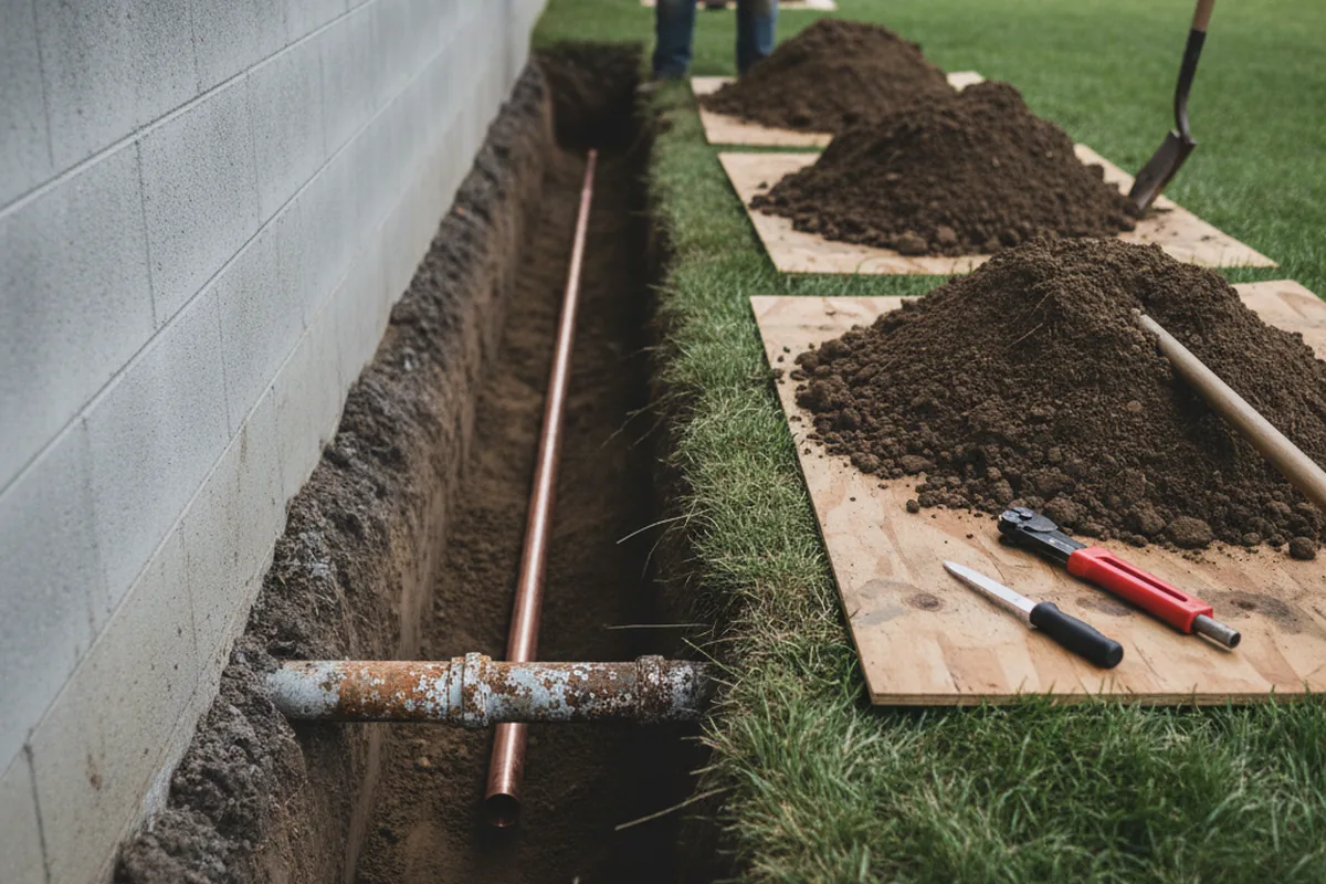 Excavated water line trench during Water Softener Installation in Arrington
